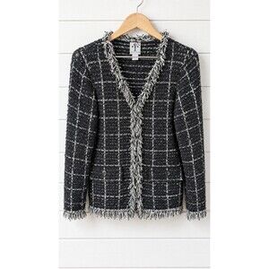 Rain & Rose Black White Fringe Trim Tweed Knit V-Neck Jacket/Sweater L